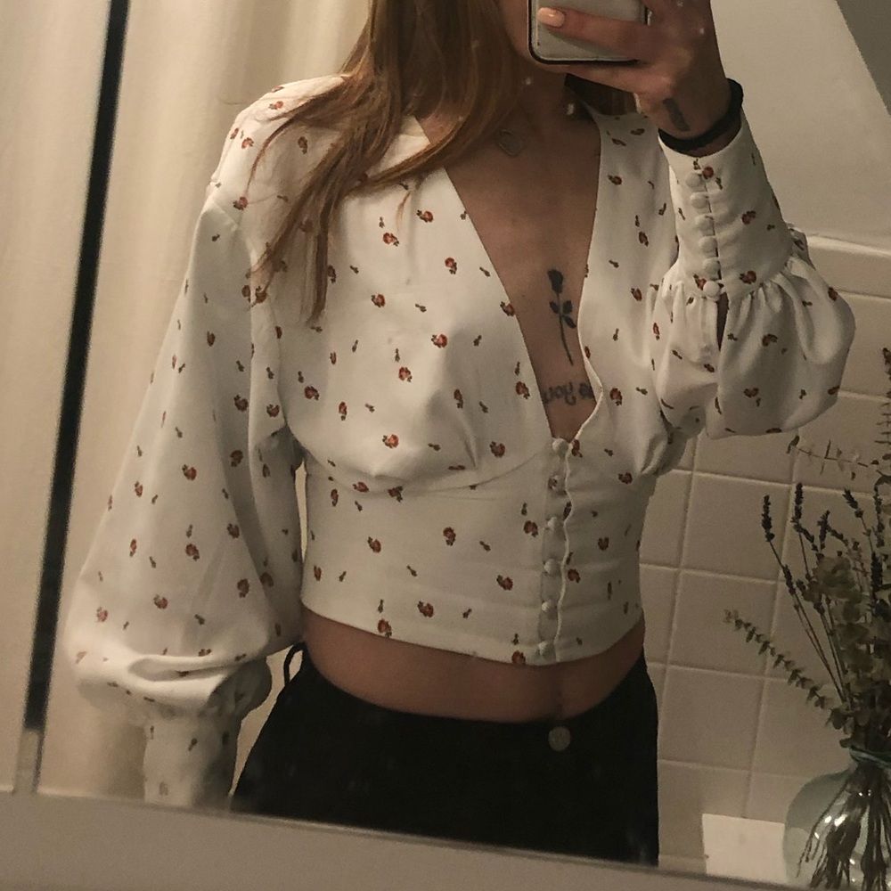 White Floral Button-Up Blouse